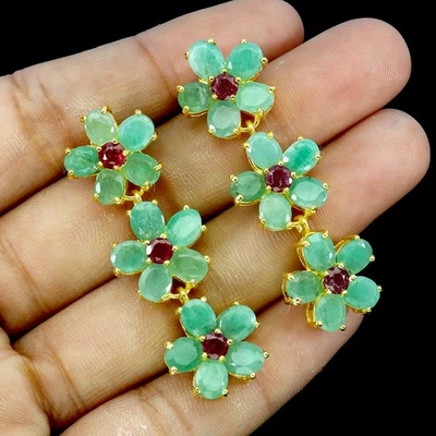 925 Sterling Silver Earrings Oval Emerald Ruby Natural Gemstone Flower Jewelry - Image 1 of 4