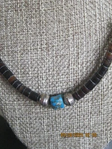 1960s Vtg NAVAJO STERLING SILVER BENCH BEAD TURQUOISE NECKLACE - Picture 1 of 7