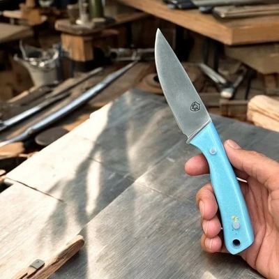 Cuchillo de camping de caza de acero EDC personalizado hecho a mano 440C funda de cuero azul raisan Foto 1 de 4