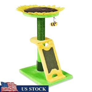 Sunflower Cat Scratching Post 2-Level Perch Interactive Bee Toy Sisal Care New - Picture 1 of 7