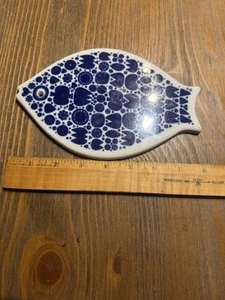 MCM Porsgrund Norway Cobalt Blue Fish Hanging Trivet Porcelain Scandinavian - Picture 1 of 5