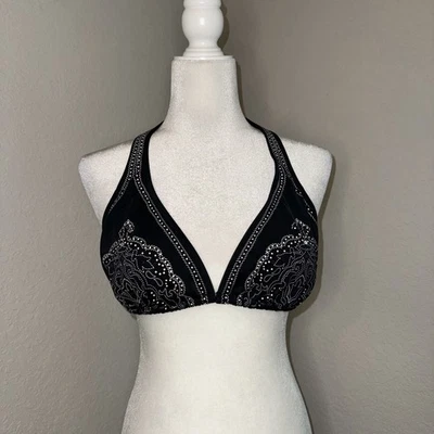 VTG Y2K St. Tropez Triangle Bikini Top Women's Large Black White Halter Tie Back - Image 1 of 4