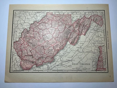 1909 / 1911 " Red" WEST VIRGINIA State Map fm 1912 New Census Atlas SEE DESCRIP - Image 1 of 3