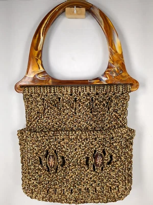 Cartera sin asas vintage Macrame Accento Craft Inc marrón con asa superior hecha a mano boho Foto 1 de 4