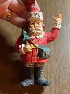 Vintage Resin Santa in With Pouch & Christmas Tree Waving Ornament 4.5" - Picture 1 of 2