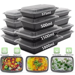 D-MART BLACK REUSABLE MEAL PREP MICROWAVE SAFE FOOD CONTAINERS BOXES WITH LIDS - Picture 1 of 11