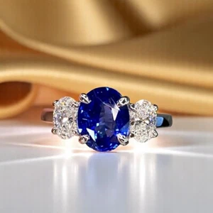 Anillo de compromiso de diamantes zafiro azul 2,96 quilates cultivado en laboratorio corte ovalado oro blanco de 14 k - Imagen 1 de 10