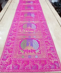 Banarsi Brocade Coffee Table Runner Traditional Peacock Table Cover tapestry art - Picture 1 of 15