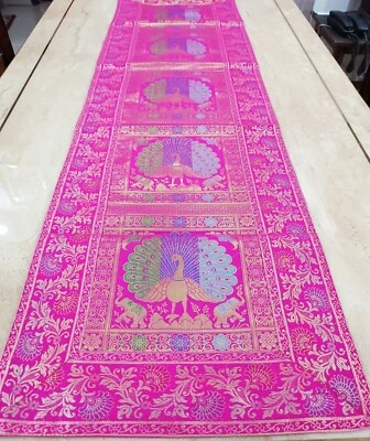 Banarsi Brocade Coffee Table Runner Traditional Peacock Table Cover tapestry art - Image 1 of 4
