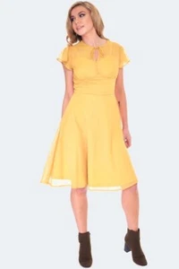 VESTIDO ACAMPANADO ESTILO RETRO VINTAGE AMARILLO CUELLO CORBATA ENCAJE - Imagen 1 de 5