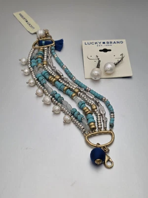 Nuevo LUCKY BRAND GENUINO Perlas Aqua Multi-Hebra Pulsera y Pendiente Conjunto Precio de venta sugerido por el fabricante $88 Foto 1 de 4
