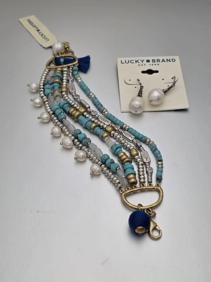 Nuevo LUCKY BRAND GENUINO Perlas Aqua Multi-Hebra Pulsera y Pendiente Conjunto Precio de venta sugerido por el fabricante $88 Foto 1 de 4