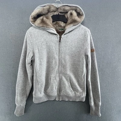 United Colors Of Benetton Zipper Womens Size S Fur Hoodie Grey Sweatshirt Jumper - Image 1 of 4