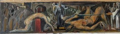 Gay Gertrude Youse (1927-1994) MCM Allegorical WPA Era Mural Study Oil on Board - Image 1 of 4