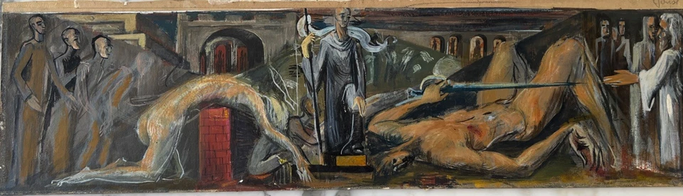 Gay Gertrude Youse (1927-1994) MCM Allegorical WPA Era Mural Study Oil on Board - Image 1 of 4