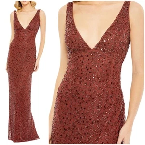 Mac Duggal NWT Sleeveless Sequined V-Neck Gown Brick Red Sleeveless Size 10 - Picture 1 of 10