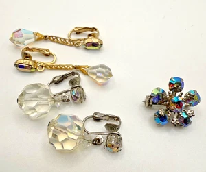 Vintage Aurora Borealis Crystal Jewelry Clip On Earrings Brooch Lot - Picture 1 of 5