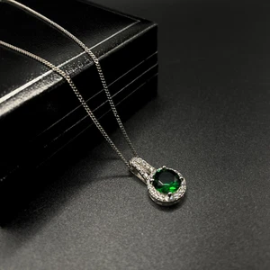 WHITE GOLD FINISH Green Emerald And Created Diamond Round Pendant Necklace - Picture 1 of 5