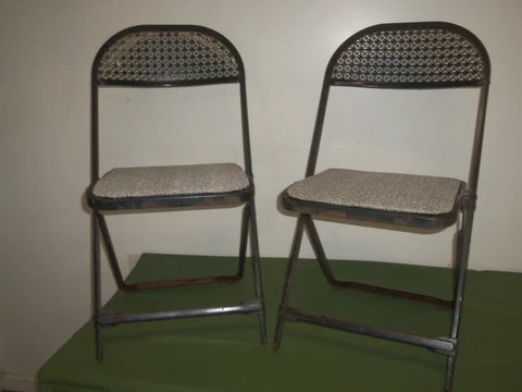 2 Antique Mid Century Sliding Metal Folding Chairs Hampden Specialty Products Cover