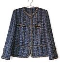 Handmade Tweed Boucle Denim Blue Jacket With Pearl Detail Button Size S,L,XL