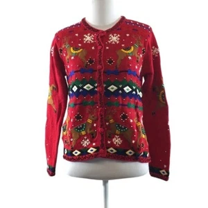 Designers Original Studio roter Strick hässlicher Weihnachtspullover Damen kleine Strickjacke - Bild 1 von 11