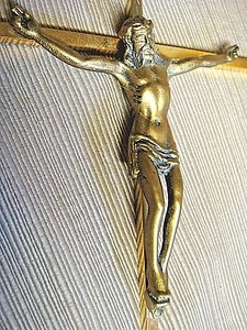 VINTAGE schlichtes & elegantes MASSIVES MESSING KRUZIFIX KREUZ mit Metallguss JESUS - INRI - Bild 1 von 12