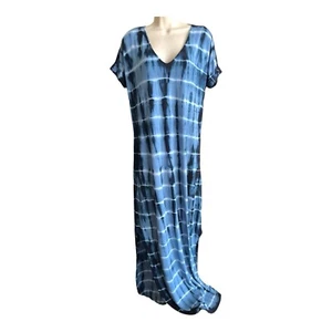 Venus Blue Tie Dye Long Maxi V Neck Short Sleeve Pockets Boho Dress Small - Foto 1 di 11