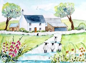 ORIGINAL Watercolour Painting:  SHEEP AND CAT FROM THE FARM