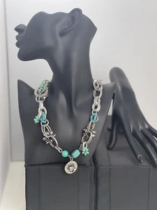 Turquoise and Silver Multi Media Long Necklace Stones Rhinestones Metal Loops - Picture 1 of 1