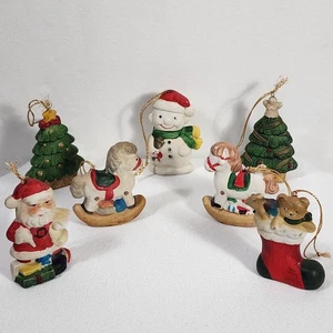 7 Vtg Ceramic Christmas Ornaments Rocking Horse Tree Santa Snowman Stocking 3x2" - Picture 1 of 17