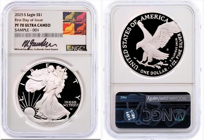 2025-S $1 PROOF ASE NGC PF70 FDOI GAUDIOSO (LAST S PROOF SILVER EAGLE) Pre-sale - Image 1 of 3
