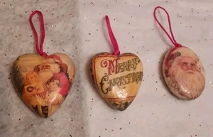 Vtg 2 Heart Shaped & 1 Oval Paper Mache Christmas Ornament With Decoupage Finish - Picture 1 of 7