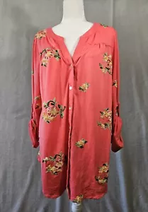 Fig & Flower 1X Floral Embroidered Top Tunic Roll-tab sleeve Boho Salmon Hippie - Picture 1 of 12