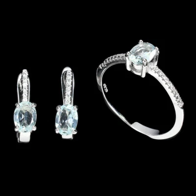 Set Di Gioielli In Argento Sterling 925 Con Gemma Ovale Blu Acquamarina 7x5mm - Immagine 1 di 4