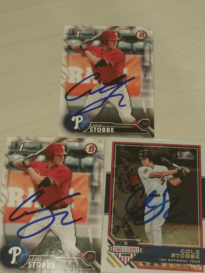 lot 3 cole stobbe signed cards autographed 2 1st bowmans 1 2017 usa stars auto - Image 1 of 1