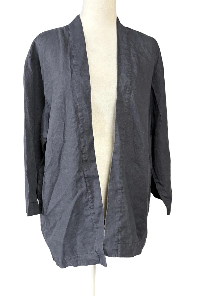 J. Jill Pure Jill Womens Large Blue Linen Open Front Kimono Jacket Cardigan Pock - Image 1 of 4