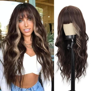Brown Wavy Wig with Bangs,Long Brown Highlight Wig for Women,Heat Resistant S... - Picture 1 of 6