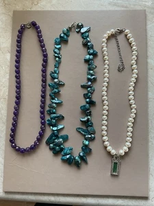 Costume Beaded Necklaces X 3 Purple, Blue And White (S) - Picture 1 of 5