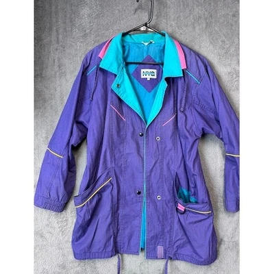 Chaqueta Abrigo de Lluvia Vintage Años 80 Nueva York Niña Púrpura Teal Rosa Bloques de Color M Foto 1 de 4