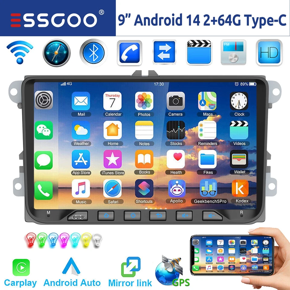 9" DAB+ Android 14 Autoradio Carplay GPS Navi Für VW Golf 5 6 Polo Touran Tiguan - Bild 1 von 4