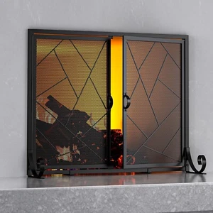 New Fireplace Screen with Hinged Doors Cast Iron Border Sturdy Steel Frame... - Picture 1 of 9