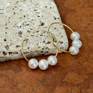 14KT Yellow Gold Endless Hoop Earrings w/ Triple Freshwater Pearl Charms 25mm - Picture 1 of 8