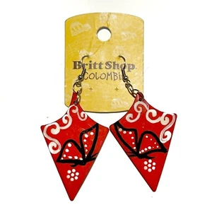 Hand Painted in Columbia Red Butterfly Statement Earrings Swirl Flower Dangling - Picture 1 of 5