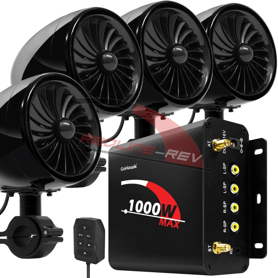 1000W Amp Motorcycle Waterproof Bluetooth Stereo 4-Speakers Audio MP3 System ATV - Image 1 of 4