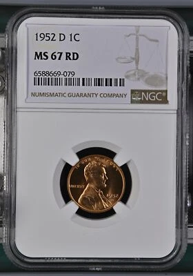 1952 D Small Cents Lincoln, Wheat Ears Reverse NGC MS-67 RD - Image 1 of 2