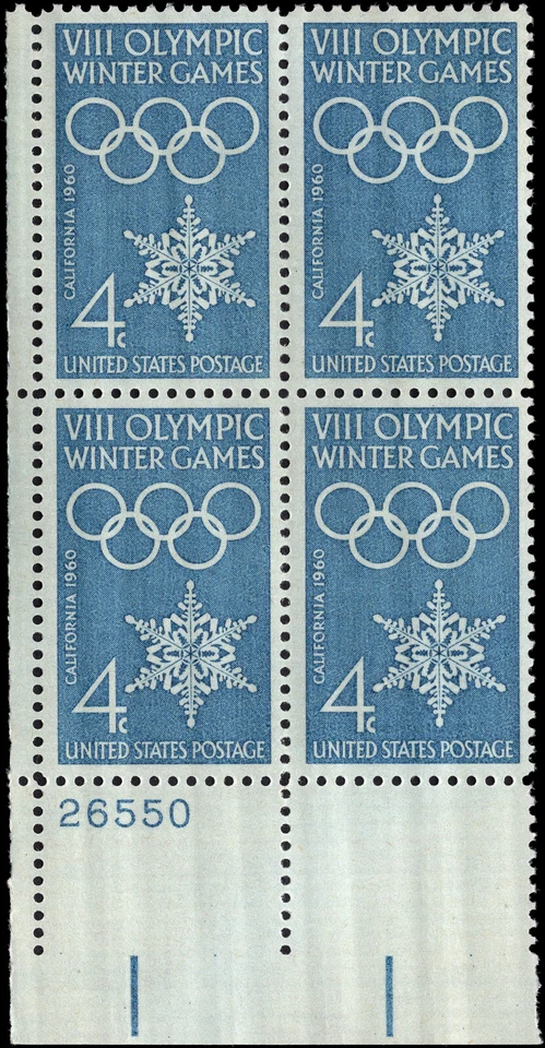 US Scott #1146, 1960 VIII Winter Olympic Games, Plate Block of (4) 4¢ Stamps MNH - Image 1 of 1