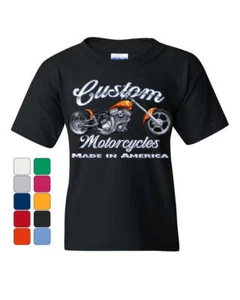 Custom Motorcycles Youth T-Shirt Biker Chopper American Tradition USA Kids Tee - Picture 1 of 8