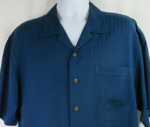 Tommy Bahama Hawaiian Aloha Shirt Mens Large Textured Blue Plaid - Afbeelding 1 van 13