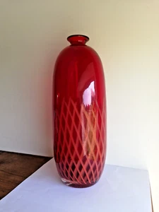Scandinavian Tall Hand Blown Ruby Red /Orange Flame Cased Glass Bottle Vase. - Picture 1 of 18