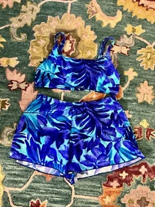 VTG Jantzen Blue Tropical Floral Bikini Shorts Swimsuit Sz 16 No Wire 80s - Picture 1 of 6